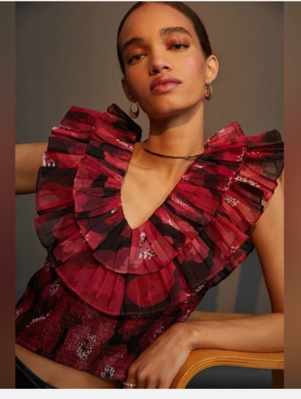 Anthropologie Ollari Organza Ruffled Floral Smocked Red Blouse Size Large